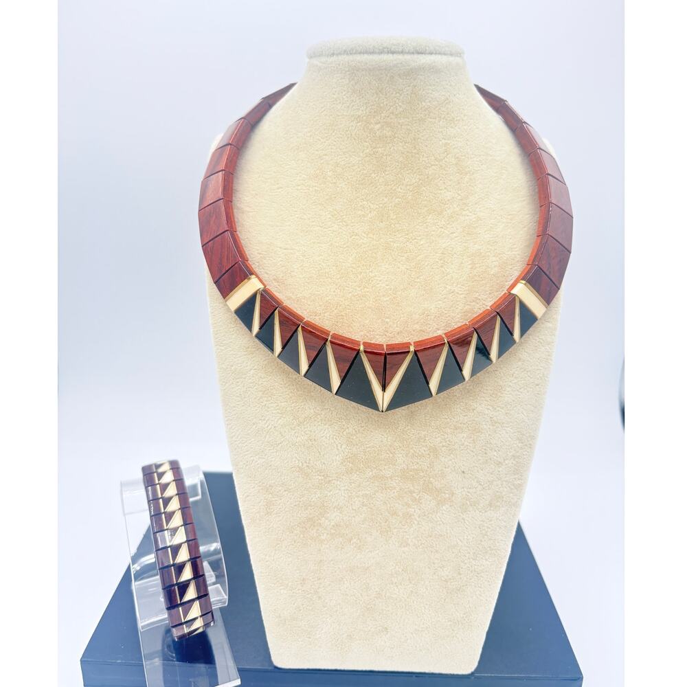 Signed Adair Rosewood Choker & Bracelet Set – Ebony & Maple Inlay, Brass Accents